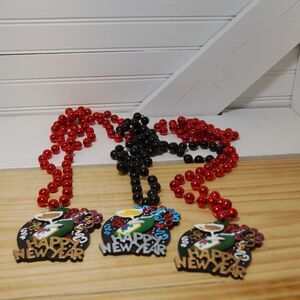 Vintage New Orleans style‎ "Happy New Year" beaded necklace red black BBD three